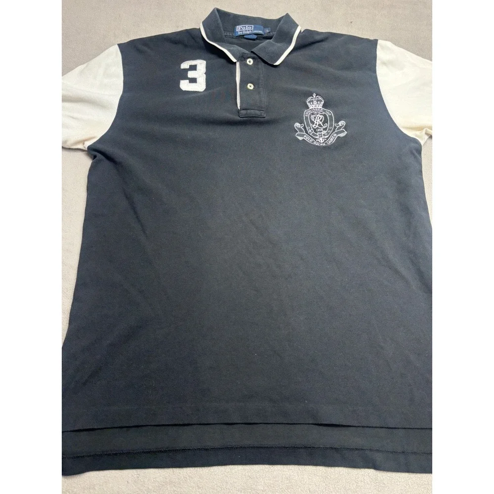 VTG Polo Ralph Lauren Mens Large Black Cream Colorblock Crest Polo Shirt 3 Patch